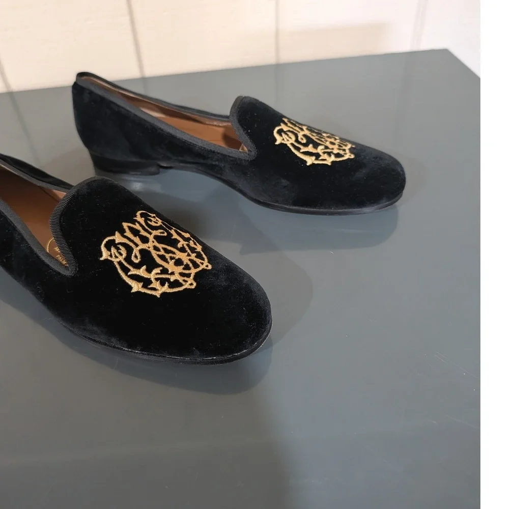Stubbs & Wootton Black Velvet Embroidered Crest Smoking Flat Slippers 7.5 AA